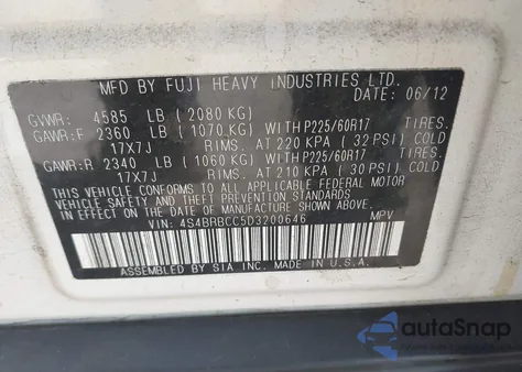 2013 Subaru Outback 2.5I Premium from USA, damaged, VIN 4S4BRBCC5D3200646